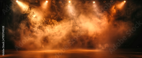 Empty stage with spotlights and smoke banner background with cop photo