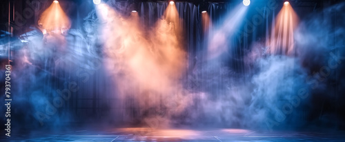 Empty stage with spotlights and smoke banner background with cop photo