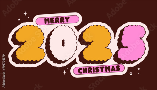 Christmas groovy card text 2025. Bordo and pink color.