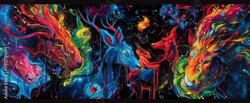 Colorful psychedelic neon painting of melting wild animals,black © pasakorn