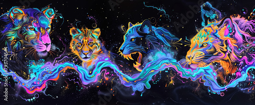 Colorful psychedelic neon painting of melting wild animals,black © pasakorn