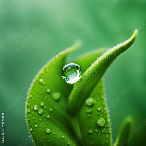 water drops on green leaves. Fresh. Natural. Morning Refresh. Green. Water. Relax.