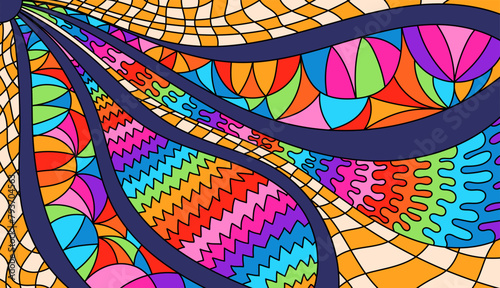 Zentangle coloring page for adult. Psychedelic groovy color background.