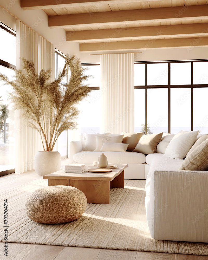 White corner sofa in room with big panoramic windows and ceiling with beams. Farmhouse country boho interior design of modern living room, home. White corner sofa in room with big panoramic windows and ceiling with beams. Farmhouse country boho interior design of modern living room, home.