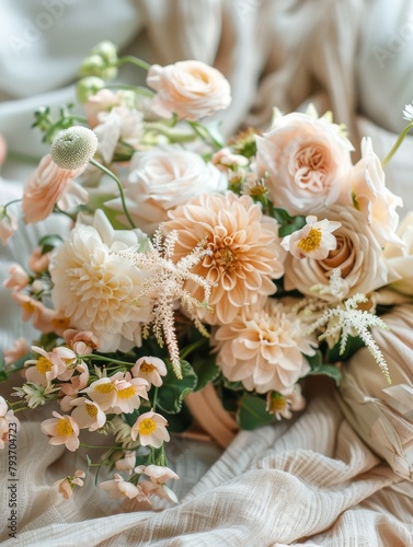 Close up of bridal bouquet flower bouquets at the florist shop flowers in white orose tones photo