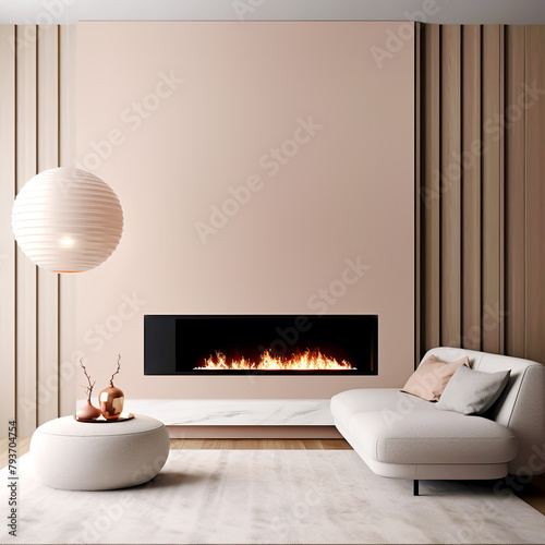 Sofa and pouf against pink wall with fireplace. Minimalist interior design of modern living room, home.