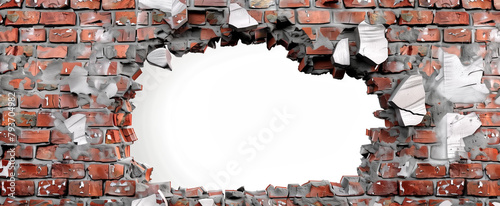 Hole on a broken brick wall blank space, 3d redering castle wall photo