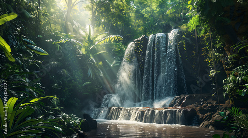 A beautiful waterfall in the middle of a lush green jungle.
