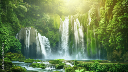 A beautiful waterfall in the middle of a green jungle