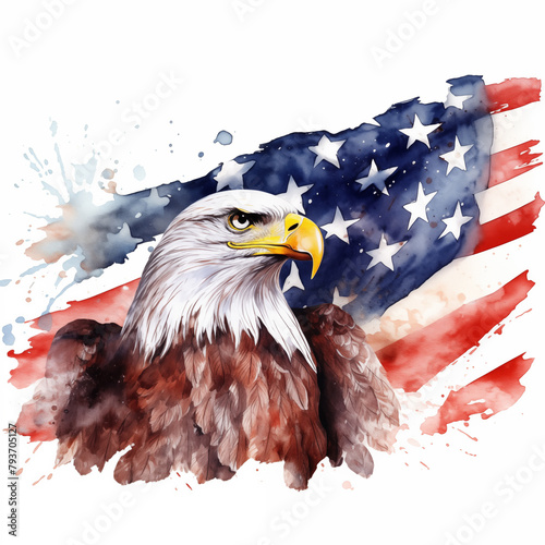 An eagle and the American flag on a white background. An watercolor eagle with the USA flag. Independence Day card. July 4th illustration. Perfect for displaying your American pride.