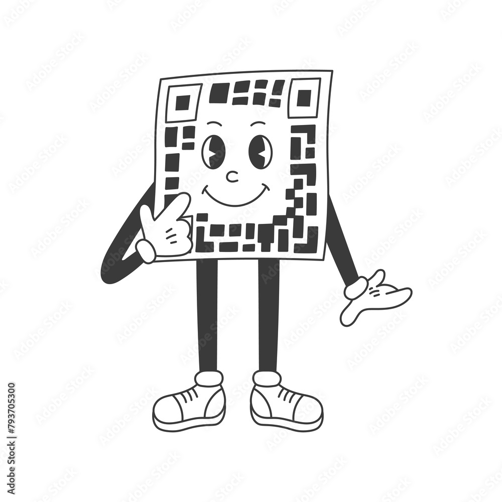 QR Code Groovy Character. Cheerful classic cartoon barcode mascot for ...