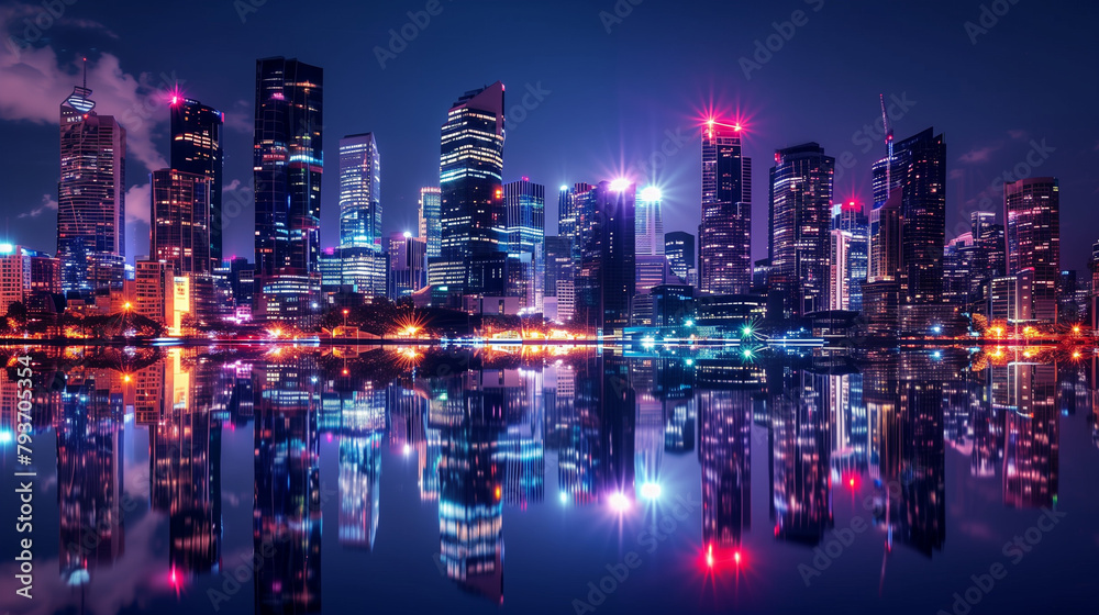 City lights reflecting off of a river at night.