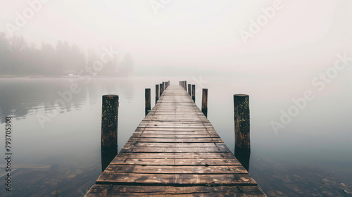 A wooden dock jutting out into a lake on a foggy day photo