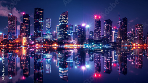 City lights reflecting off of a river at night. © Suphakorn