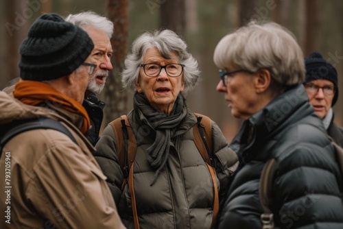 Group of senior friends walking in the forest. Group of elderly people spending time together.