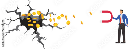 Smart businessman holding a magnet to suck gold coins out of a trap and take out lost money, business investment and business skills, business concept illustration photo