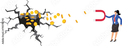 Smart businesswoman holding a magnet to suck gold coins out of a trap and take out lost money, business investment and business skills, business concept illustration