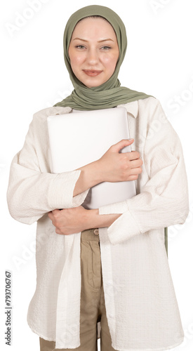 Muslim businesswoman, studio portrait of young caucasian muslim businesswoman wear hijab hold closed laptop and looking camera smiling. Isolated transparent png image.. People religious office worker.