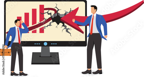 The manager points to the falling arrow on the computer screen and reprimands the employee, the project performance drops and the profit decreases