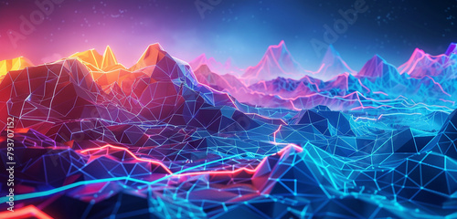 A digital landscape where neon pathways intersect with low poly terrains, illustrating the network of future societies