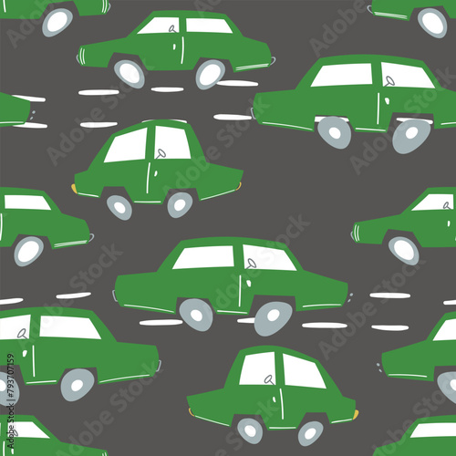 Seamless pattern with cute car on color background. Cartoot transport. Vector illustration. Doodle style. Design for baby print, invitation, poster, card, fabric, textile