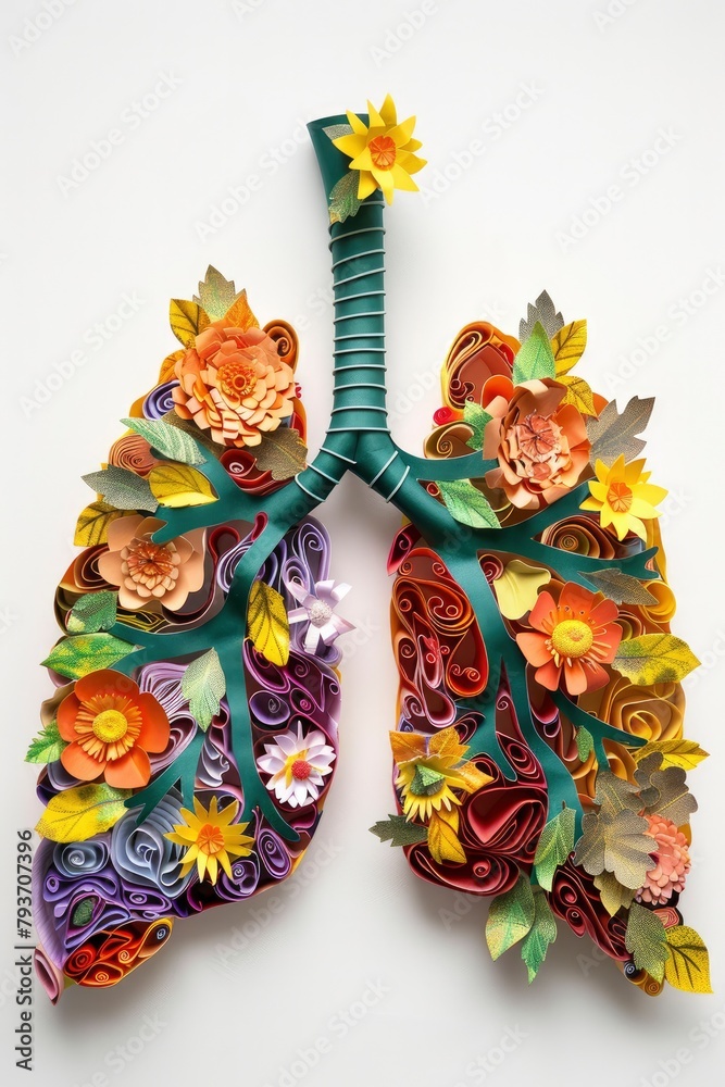 A pair of lungs made from colorful paper cutouts, decorated with leaves and flowers on white background