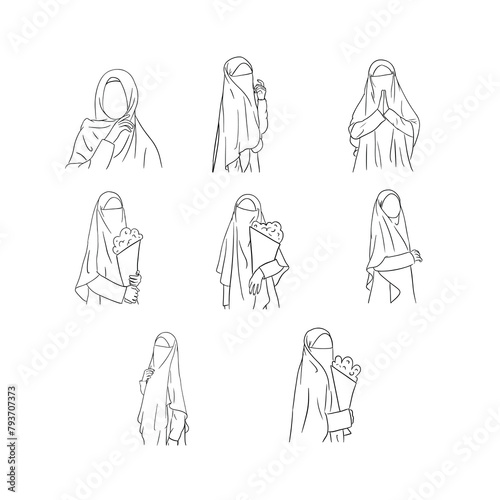 set of Hand drawn woman with hijab niqab khimar Outline Illustration
