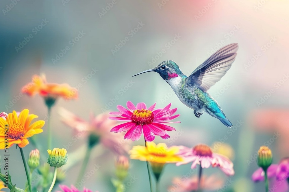 Obraz premium Energetic hummingbirds in flight targeting vibrant flower nectar for feeding on a sunny day