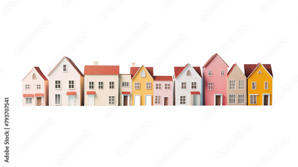 
toy houses stand in a row. real estate. png object isolated on transparent background, mockup, design, template, layout, sticker