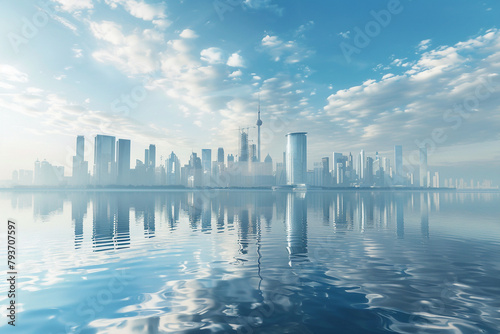 A futuristic city skyline reflected on the surface of a calm lake.