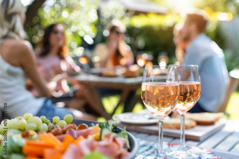 Group of friends gathered around a table, enjoying a relaxed outdoor garden party with rose wine and fresh appetizers on a sunny day.