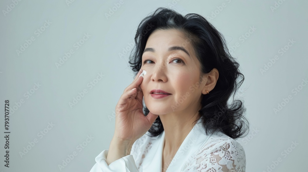 Mature Asian woman in a white setting, confident, applying facial cream, looking rejuvenated and happy, styled as vibrant digital art. Mature Asian woman in a white setting, confident, applying facial cream, looking rejuvenated and happy, styled as vibrant digital art.