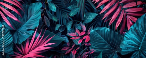 tropical plants in neon pink and teal against a dark background, with lots of leaves and foliage in a surreal style.