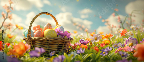 3D vector art of an Easter basket filled with eggs amidst spring flowers, festive and joyful theme