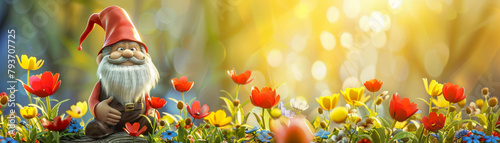 3D vector of a whimsical garden gnome among colorful spring flowers, playful and enchanting theme