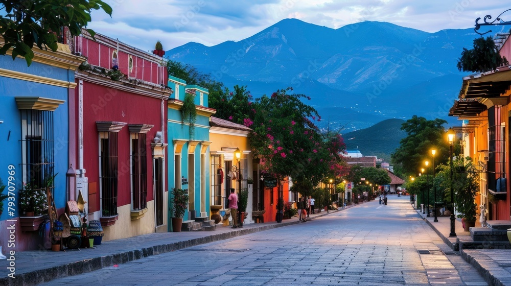 long clean street with colourful  buildings and mountains visible in the background at dusk