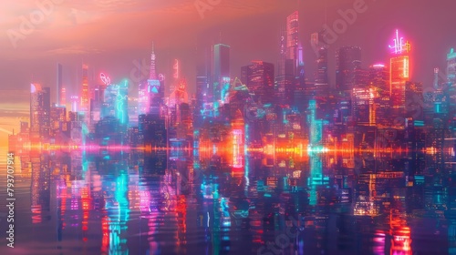 Bright neon cityscapes evoking a sense of awe and wonder against a pristine white canvas