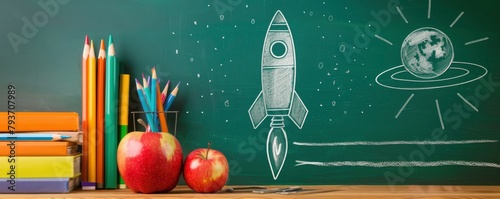 School supplies are arranged in front of a rocket sketched on the green chalkboard, and an apple near books on top of the desk.