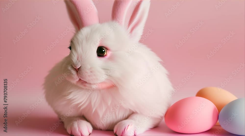 Cute white Easter bunny against pink background in studio Cute white Easter bunny against pink background in studio