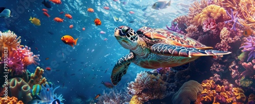 A sea turtle swimming gracefully in the deep blue ocean  surrounded by vibrant coral reefs and colorful fish.