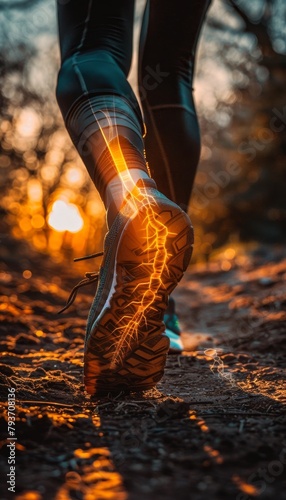 Female runner injures calf muscle and ligament while running, foot with orange bone on dirt path
