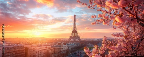 A stunning view of the Eiffel Tower at sunset, with blooming trees and bustling city life