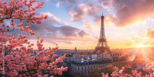 A stunning view of the Eiffel Tower at sunset, with blooming trees and bustling city life