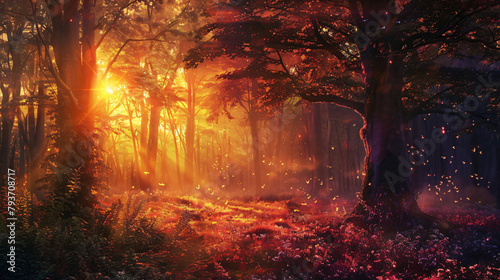 Sunset in fantasy forest