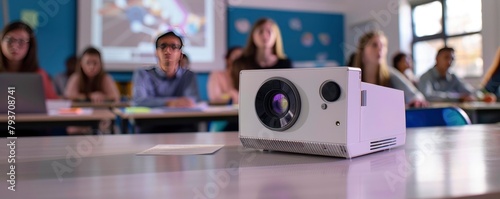 A white projector is placed on the table in front of students sitting at desks