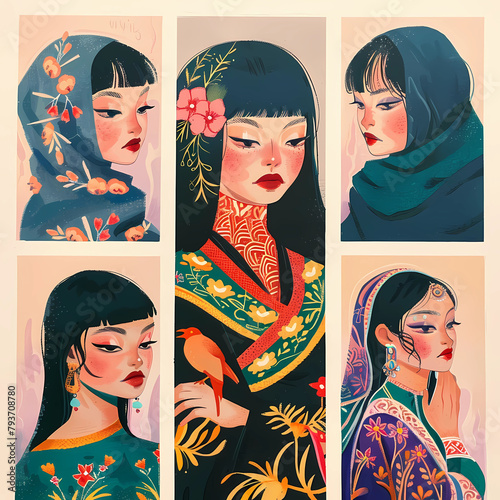 Set of Asian muslim women illustration. Female modern hijab headscarf dress outfit. Avatar profile pictures