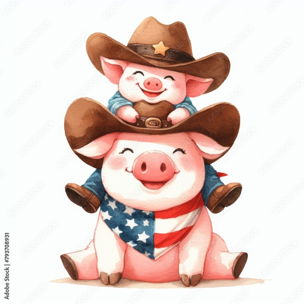 Fototapeta premium Pigs Father and Son. Patriotic with American Flag. Watercolor 4th July Memorial Day Clip Art. Celebration USA (United State) Art Cute Kid Cartoon For Independence Day or Father Day