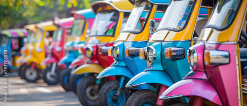 Colorful tuktuks in a row, waiting eagerly to transport passengers on a sunny day. photo