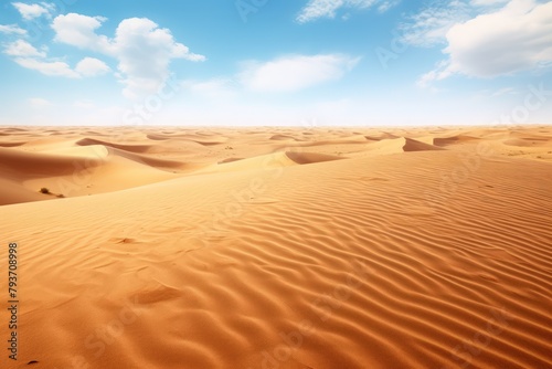 Sand in the foreground with a view of sand dunes in the desert.