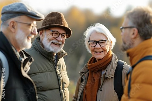 Group of seniors walking in autumn park, looking at camera and smiling